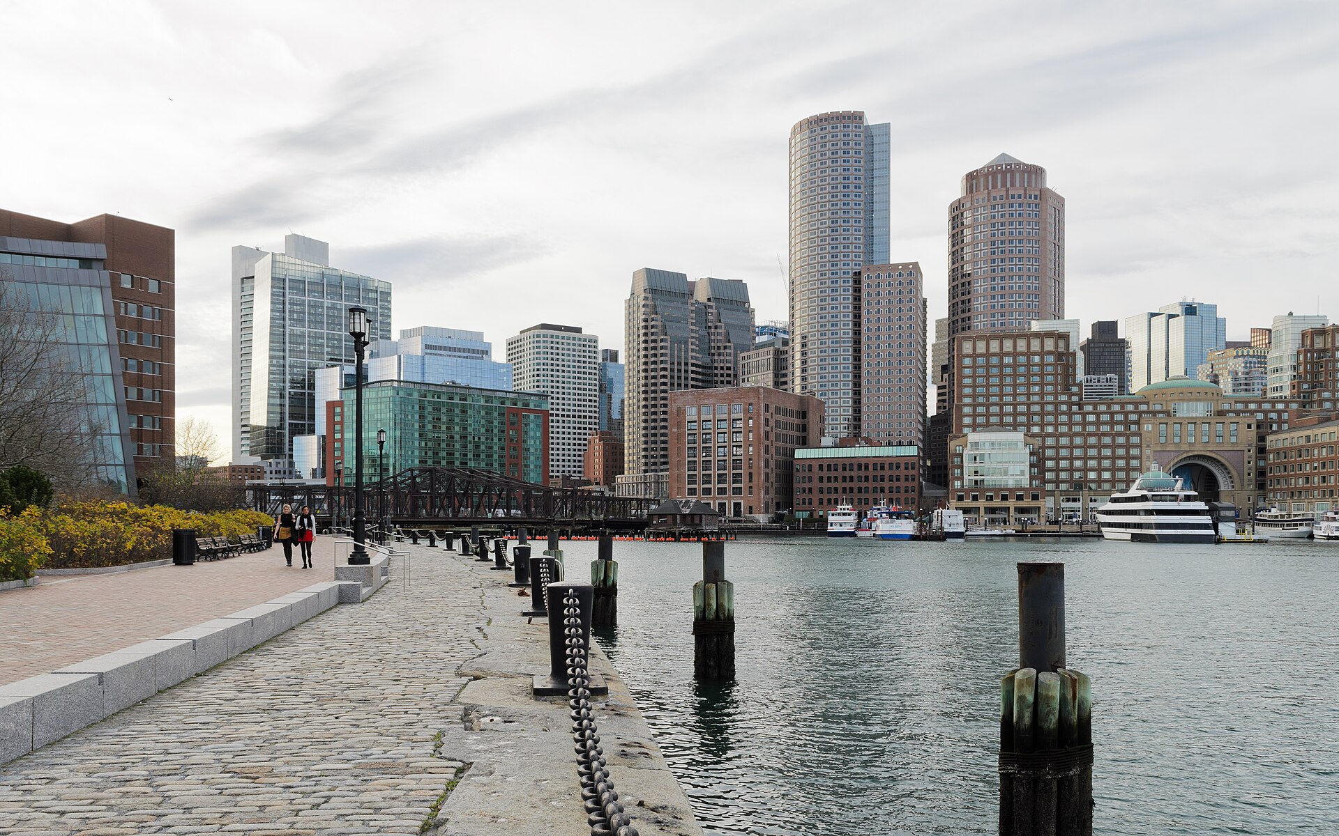 Boston skyline and harbor seen from Fan Pier waterfront walk