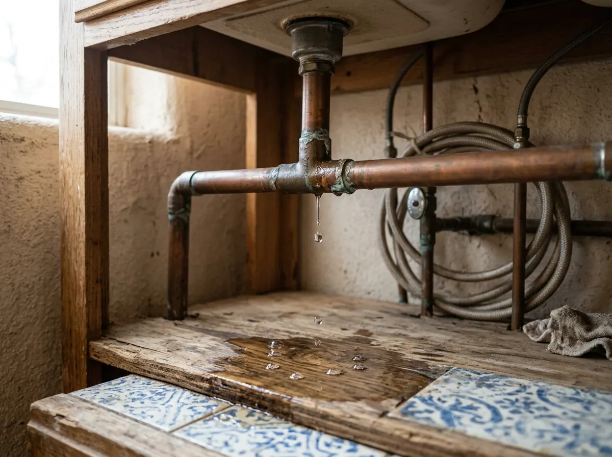 Representative photo of a leaking pipe joint under a sink