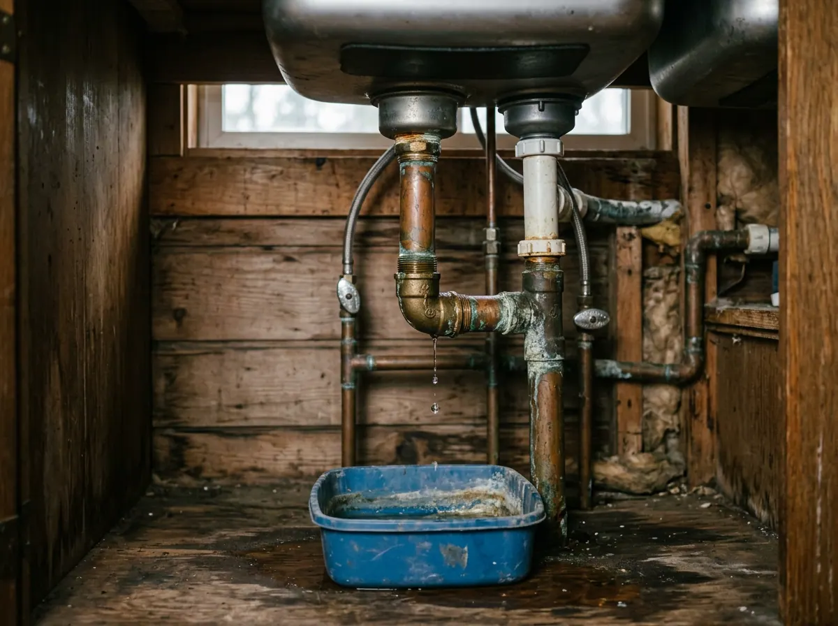 Representative photo of a leaking pipe joint under a sink