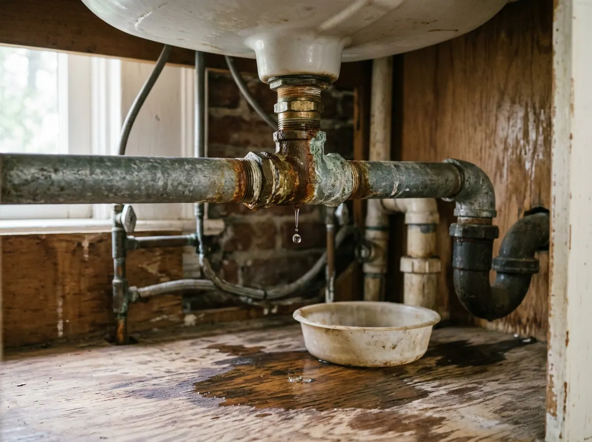 Representative photo of a leaking pipe joint under a sink