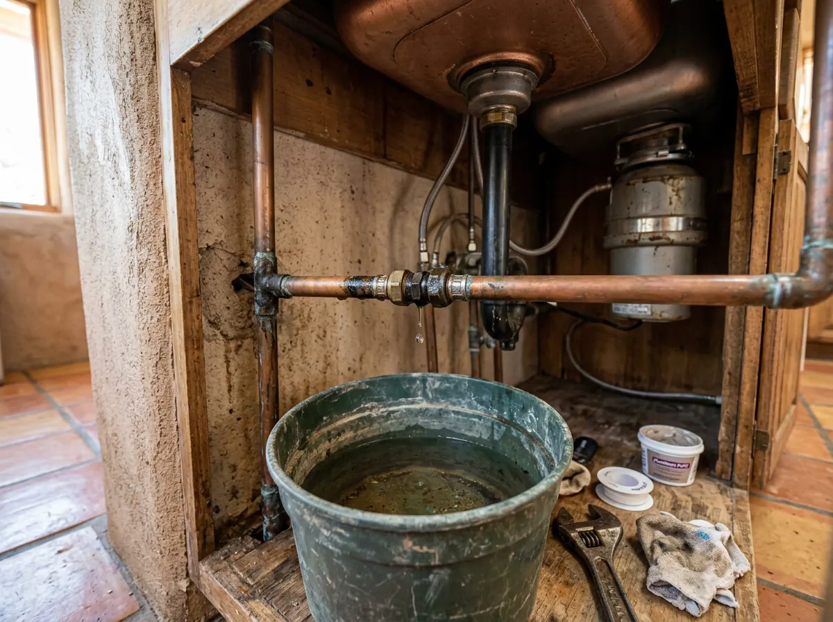 Representative photo of a leaking pipe joint under a sink