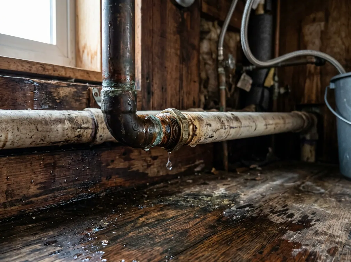 Representative photo of a leaking pipe joint under a sink