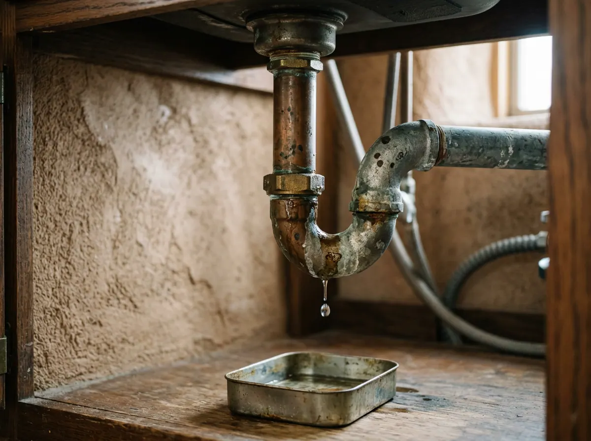 Representative photo of a leaking pipe joint under a sink