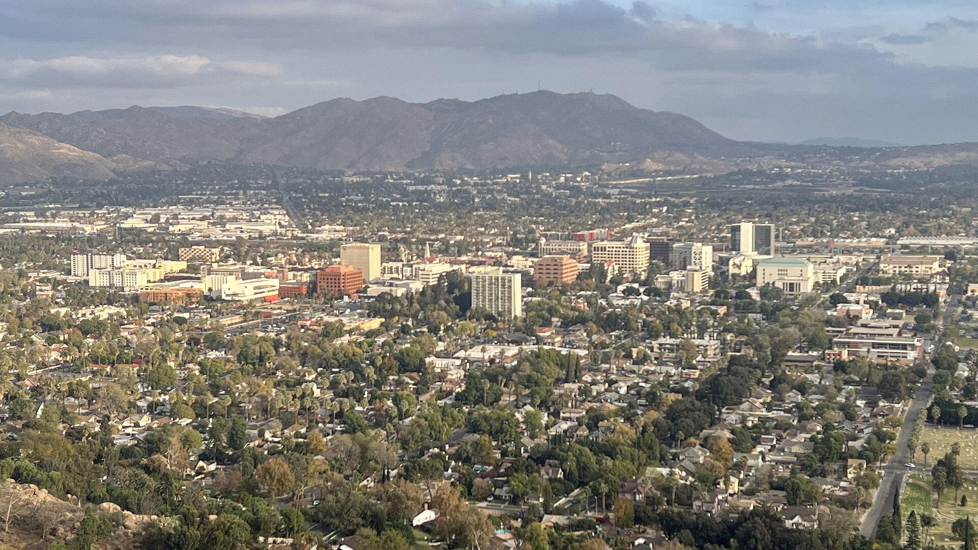 Downtown Riverside and surrounding neighborhoods with mountains behind
