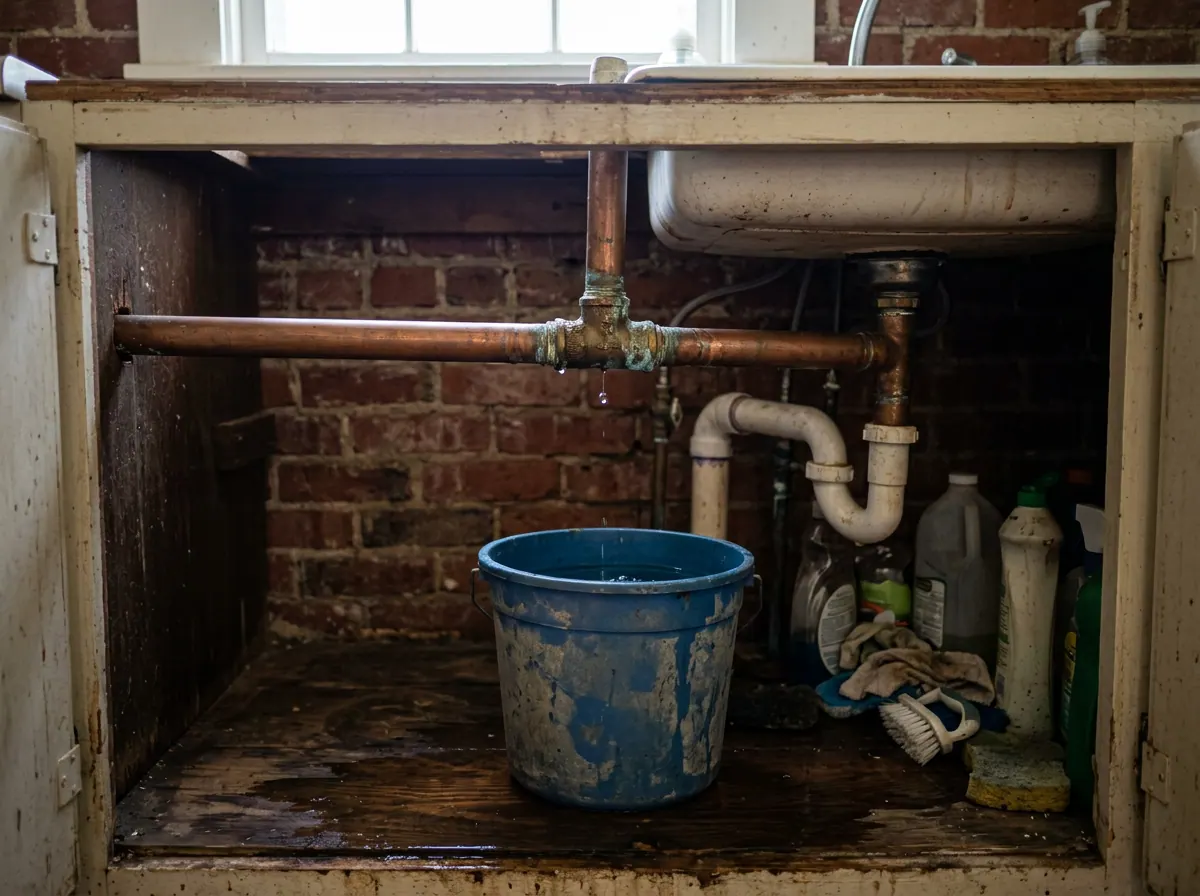 Representative photo of a leaking pipe joint under a sink