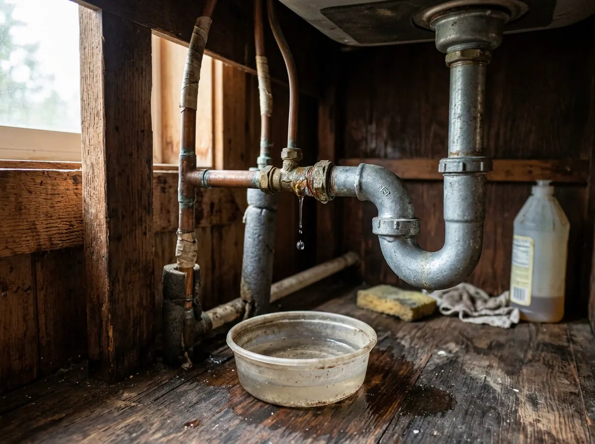 Representative photo of a leaking pipe joint under a sink