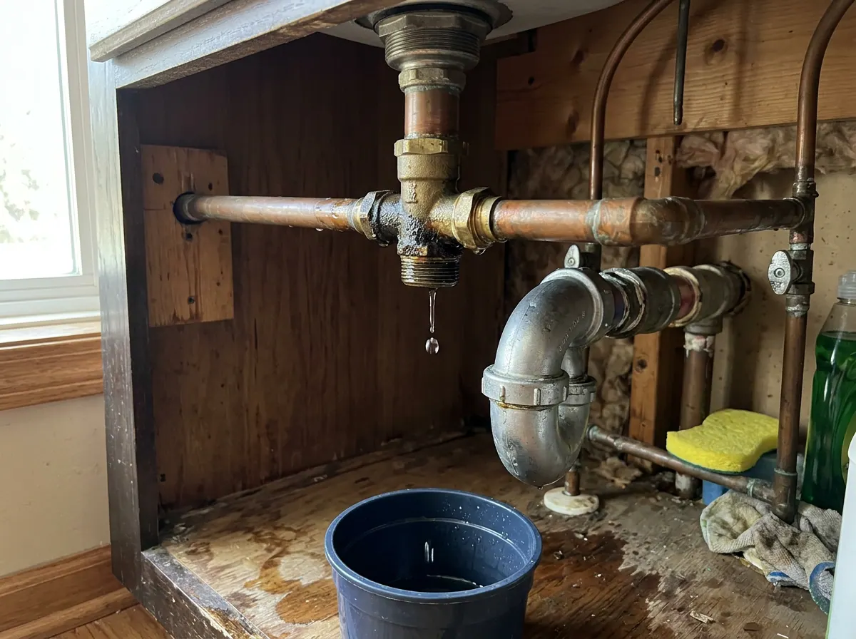 Representative photo of a leaking pipe joint under a sink