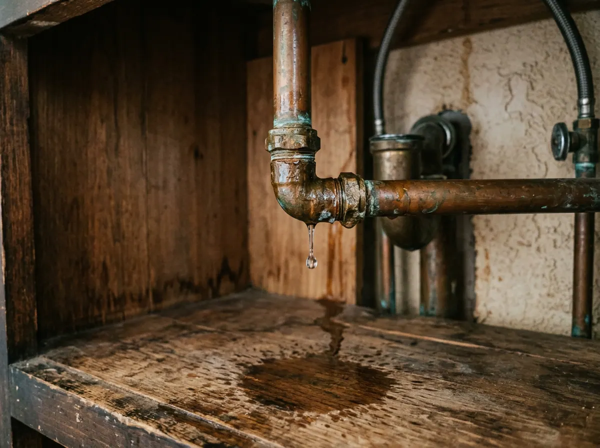 Representative photo of a leaking pipe joint under a sink
