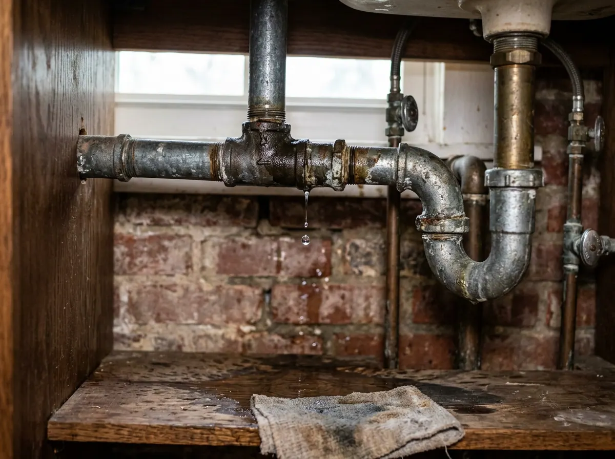 Representative photo of a leaking pipe joint under a sink