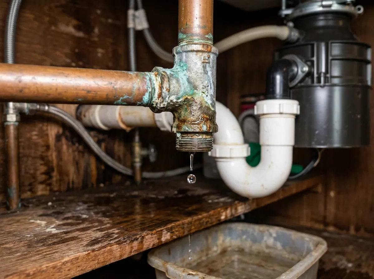Representative photo of a leaking pipe joint under a sink