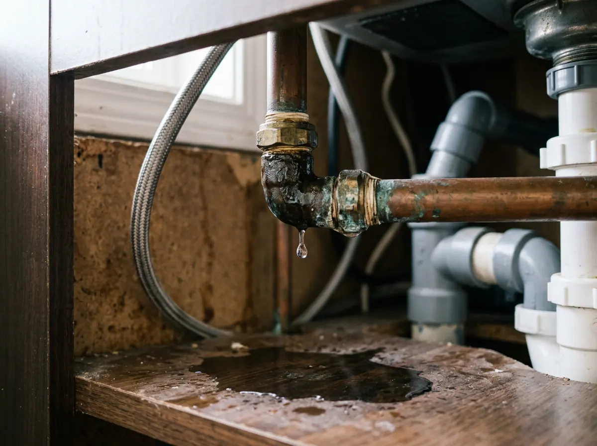 Representative photo of a leaking pipe joint under a sink