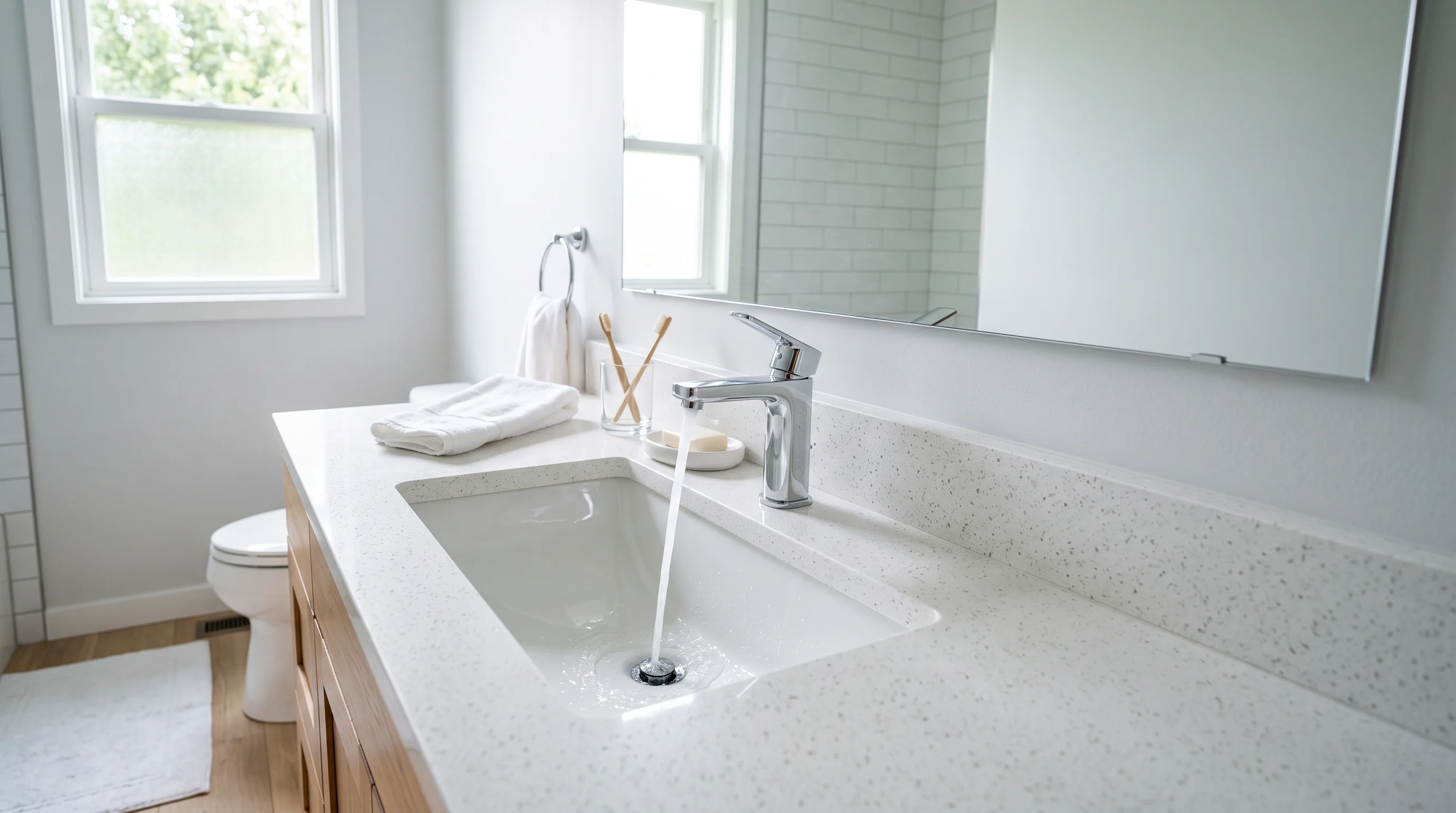 Bathroom vanity with a running chrome faucet